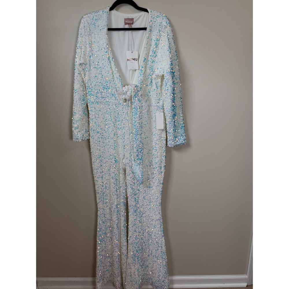 Show Me Your Mumu White Iridescent Sequin Jumpsuit Tie Front Flare XXL NEW - Picture 2 of 6